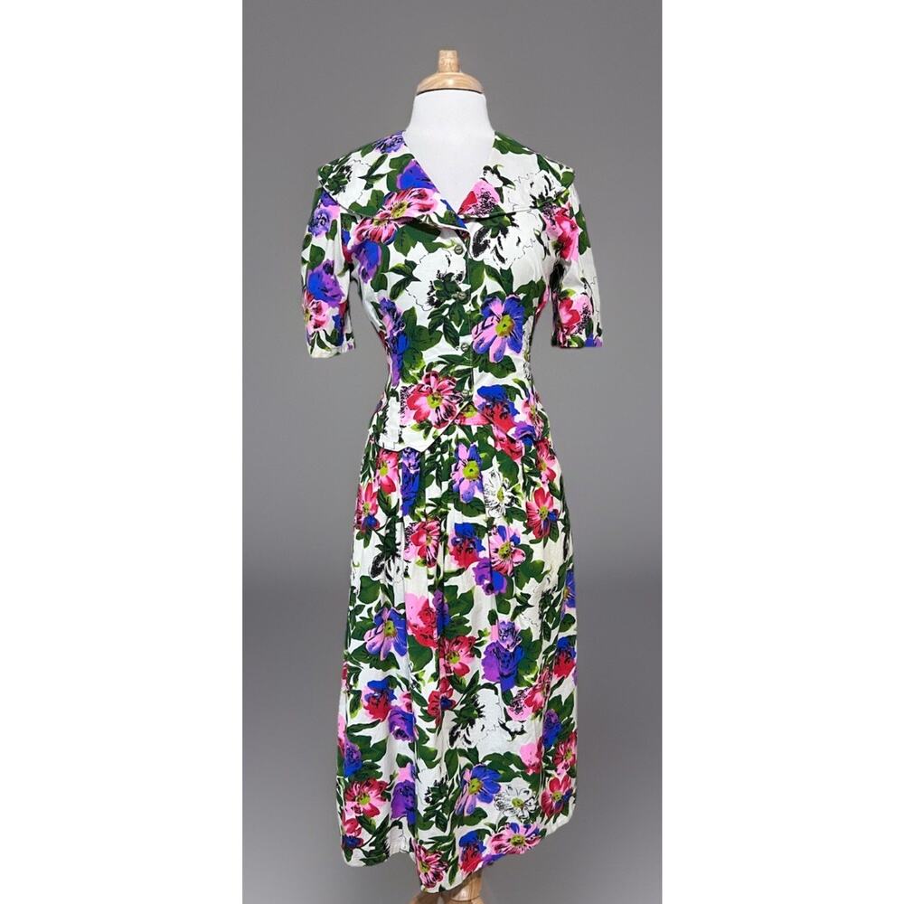 Womens Vintage 80s Cabbage Floral Handmade Prairie Top & Maxi Skirt Outfit Small